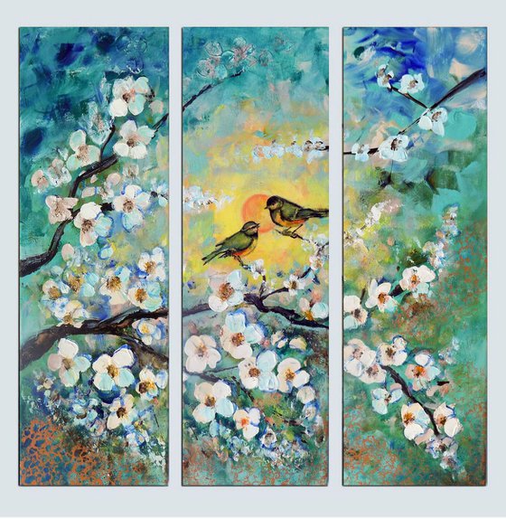 Singing of Spring - three pieces canvas, triptych, painting