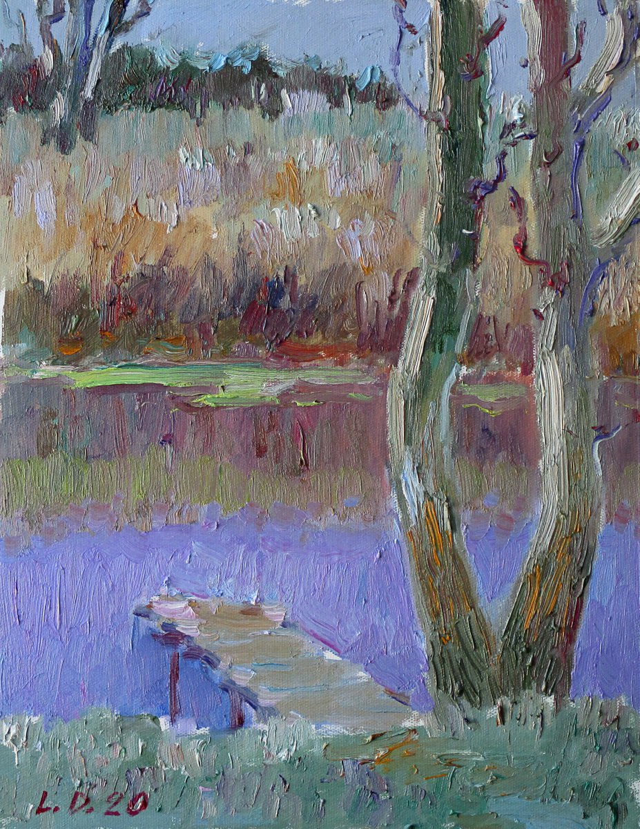 Impressionistic Landscape Oil Painting By Liudvikas Daugirdas, 13 X 17", A Small Foot Bridge On The Pond, Original Artwork