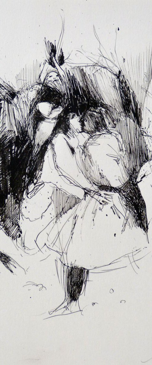 Surrealist Drawing - The kiss, 24x32 cm by Frederic Belaubre