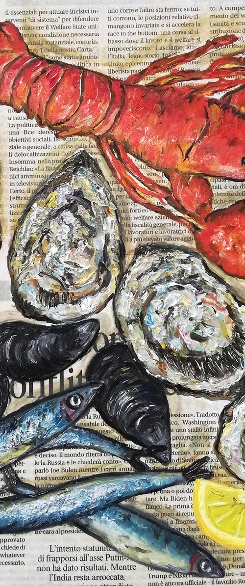 "Seafood on Newspaper" Original Oil on Canvas Board 12 by 12 inches (30x30 cm) by Katia Ricci