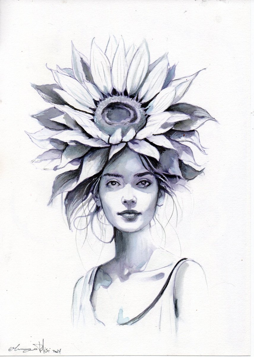 Impressionistic Portrait Ink Drawing By Maurizio Puglisi, 8 X 11", Sunflower, Original Artwork