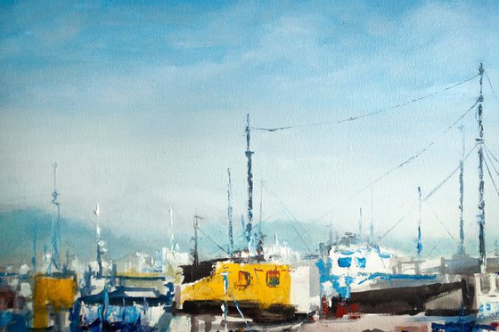 "Ships in the harbor", seascape , yachts