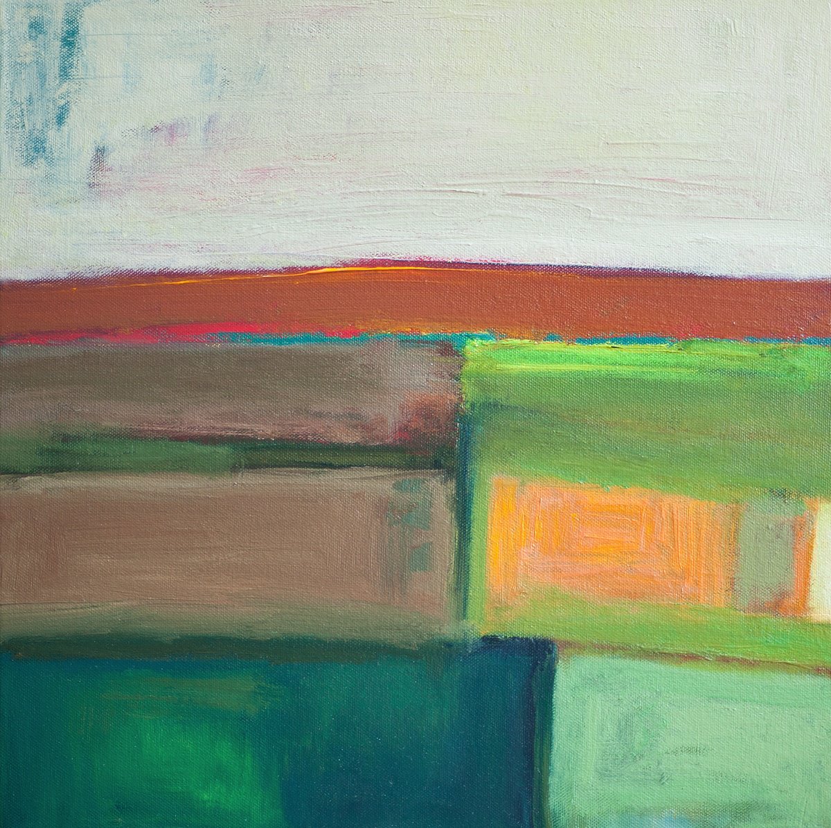 Abstract Landscape Oil Painting By Thomas Hjelm, 17 X 17", Earthy Green, Original Artwork