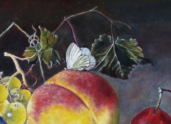 Still life with peach and red currant. Dutch Still Life with Fruits. Original Oil Painting on Canvas. Gorgeous Painting in traditional Old Masters technique.