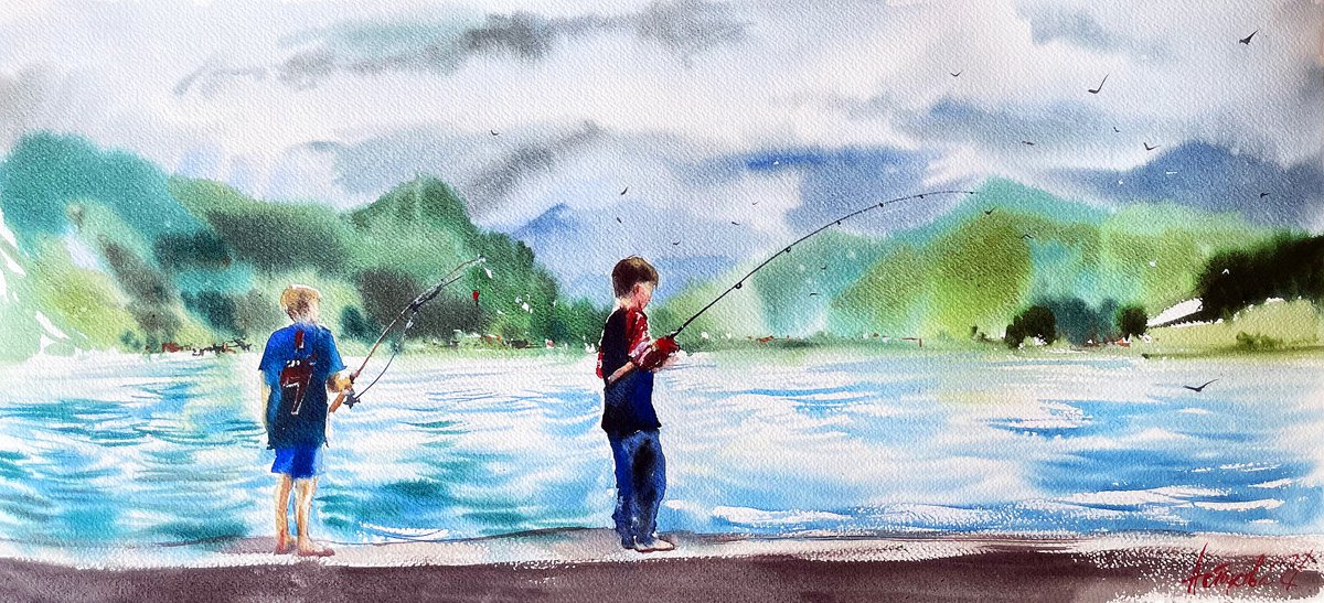 Impressionistic Landscape Watercolour By Ksenia Astakhova, 22 X 10", Young Fishermen From Sarnen, Original Artwork