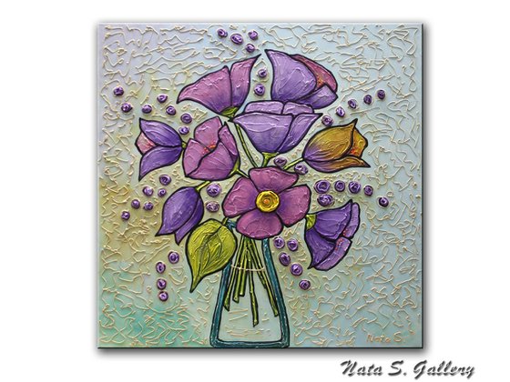 Purple Tulips Painting, Bouquet of Flowers, Modern Textured Floral Art