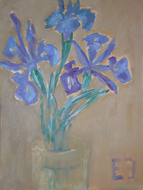 Irises  in glass vase by Elena Zapassky