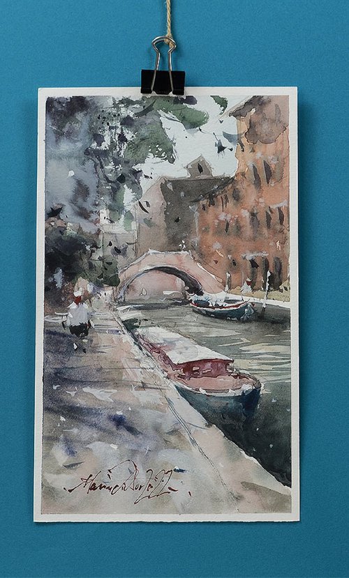 Sidewalk along Venice Canals, Venetian Landscape, Original Watercolor Painting by Marin Victor