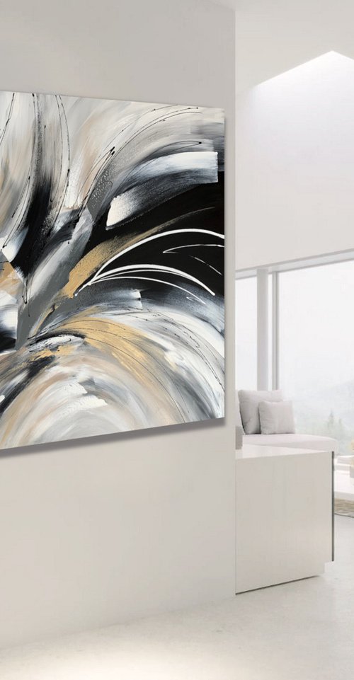 Wild and Free - XL LARGE;  GOLD, BLACK & WHITE ART; MODERN ABSTRACT ART – EXPRESSIONS OF ENERGY AND LIGHT. READY TO HANG! by Julijana Ravbar