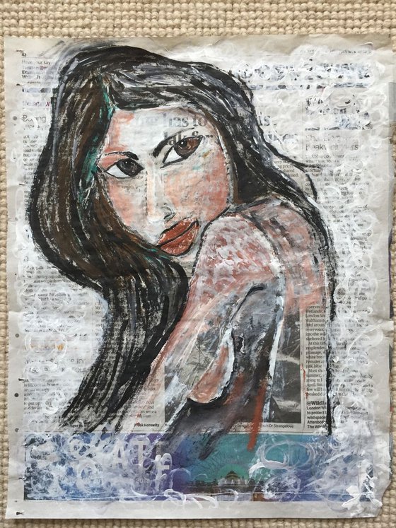 That Look on Newspaper Face Art Woman Portrait Sexy Look 37x29cm Gift Ideas Original Art Modern Art Contemporary Painting Abstract Art For Sale Free Shipping