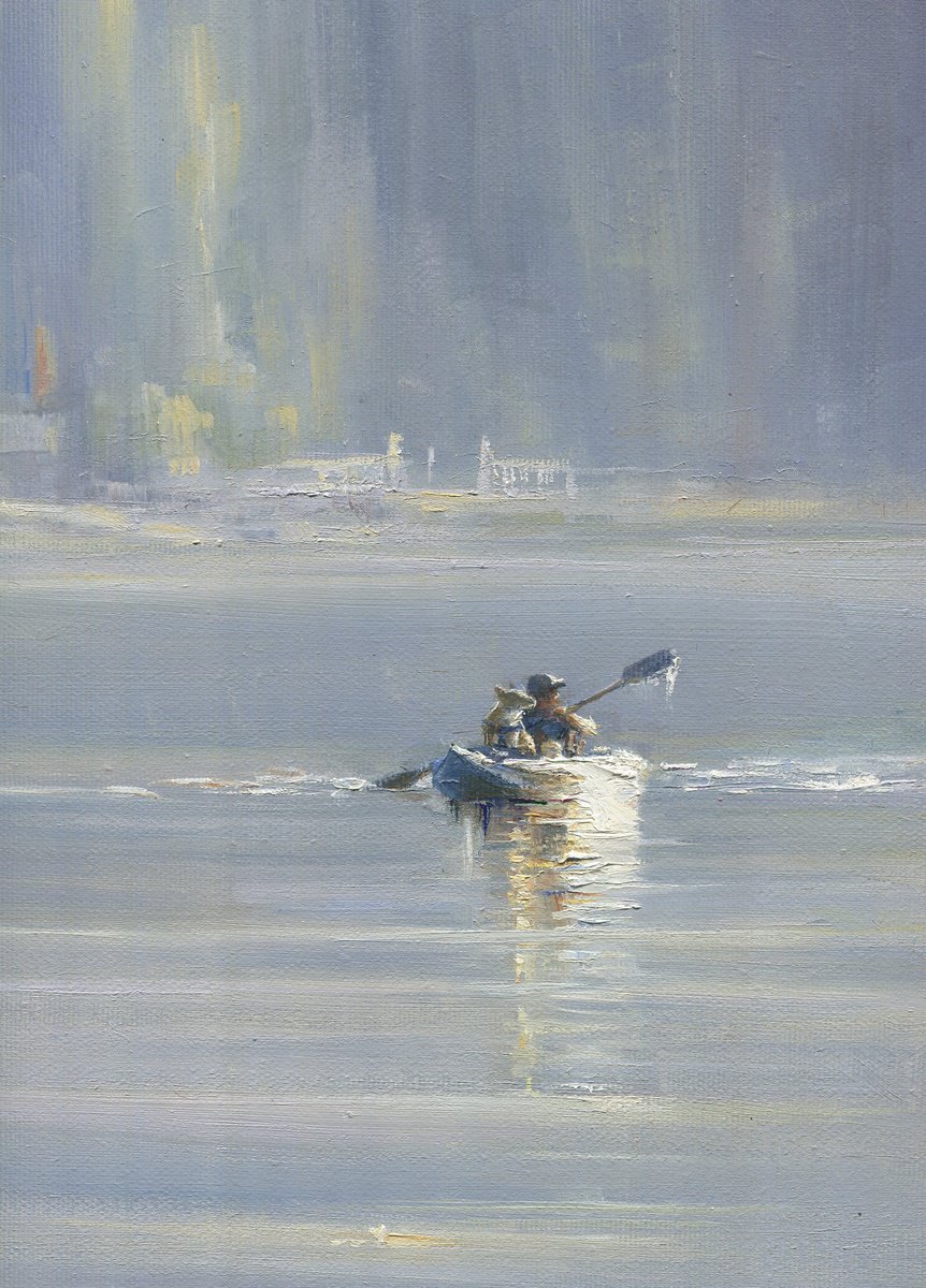 Impressionistic Landscape Oil Painting By Olha Malko, 12 X 16", The Best Morning With The Best Friend / Original Oil Painting In Blueish Grey Tones 30X40Cm (~12X16In), Artfinder