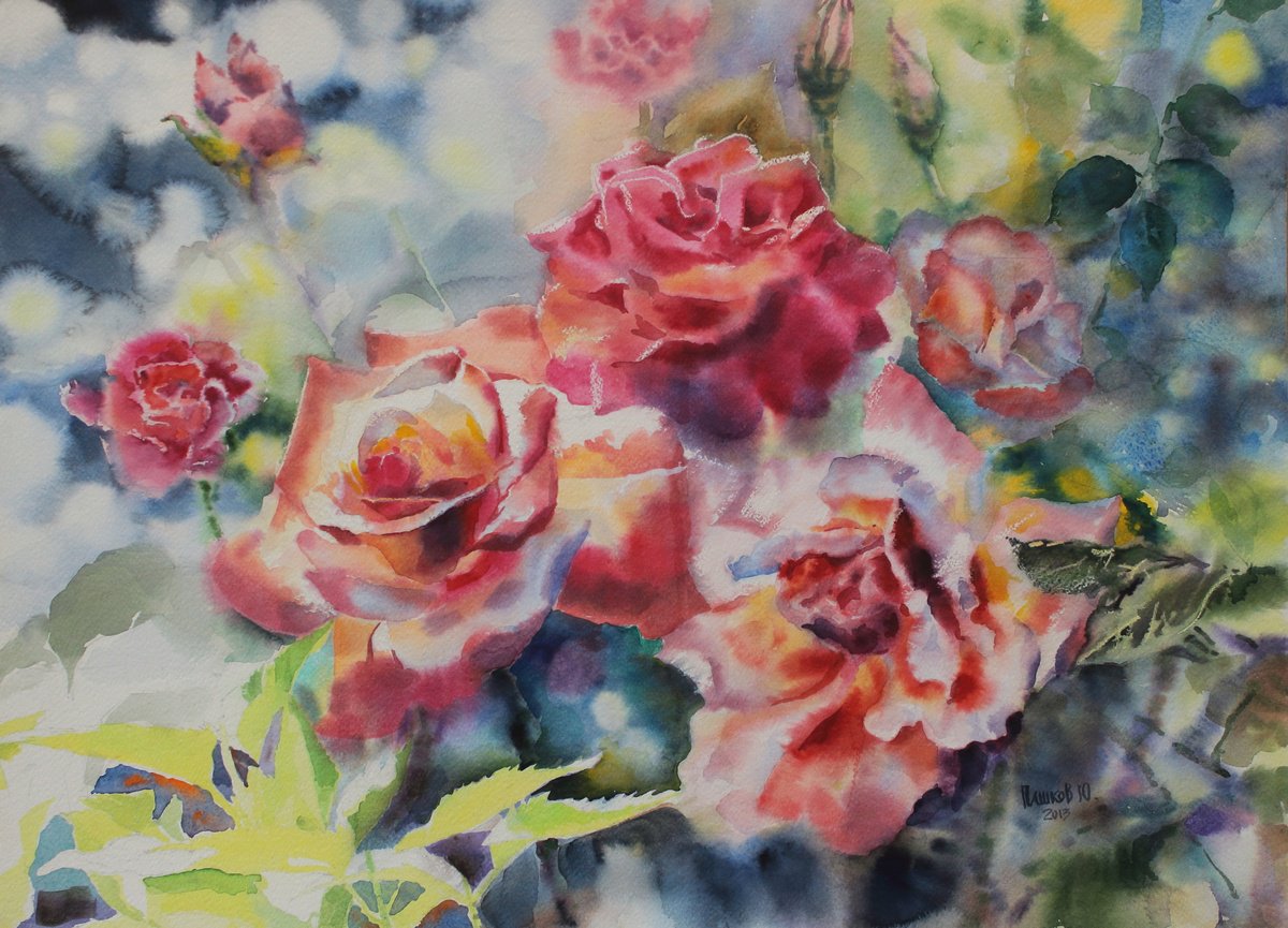 Impressionistic Watercolour , Roses#2 By Yurii Pashkov, 28 X 20, Artwork For Sale On Artfinder