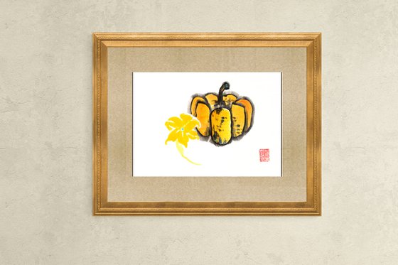 Pumpkin and flower - Pumpkin series No. 03 - Oriental Chinese Ink Painting