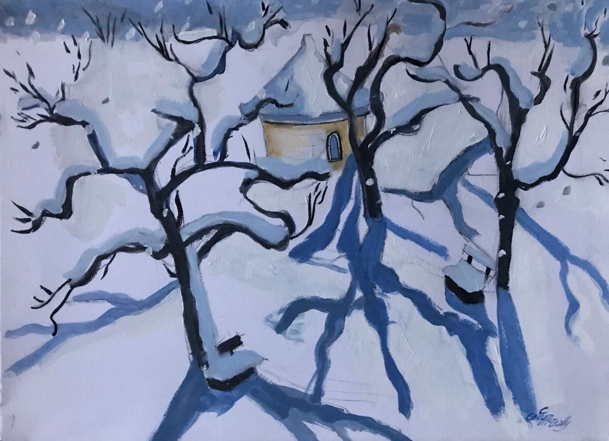 Expressive Landscape Acrylic Painting By Christine Callum Mcinally, 22 X 17, Winter Trees In Austria, Original Artwork