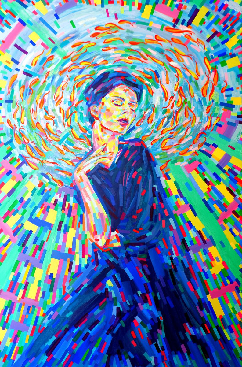 Surrealistic Portrait Oil Painting By Van Lanigh, 31 X 47", The Goddess Of Everything (Madonna With Fishes), Original Artwork