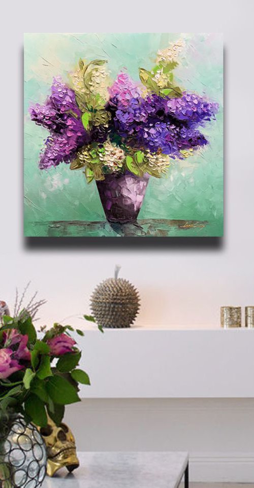 Lilac Purple Flowers, Oil Flower Bouquet ABSTRACT ORIGINAL Painting Contemporary Textured Palette Knife by Lana Guise