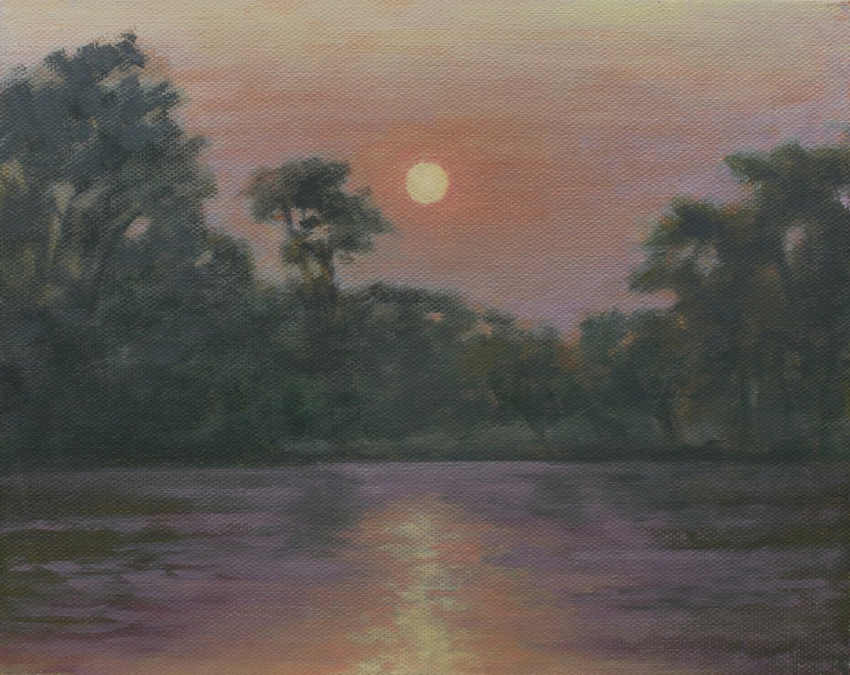 Impressionistic Landscape Oil Painting By John Fleck, 10 X 8, Lagoon Sunset, Original Artwork