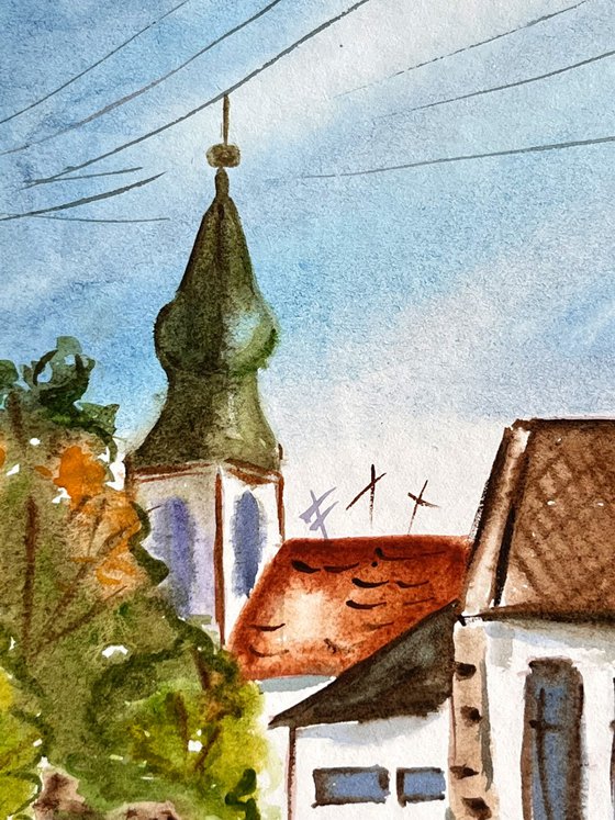 Hungary Painting Balaton Original Art Village Watercolor Landscape Artwork Roof Church Wall Art 8 by 12" by Halyna Kirichenko