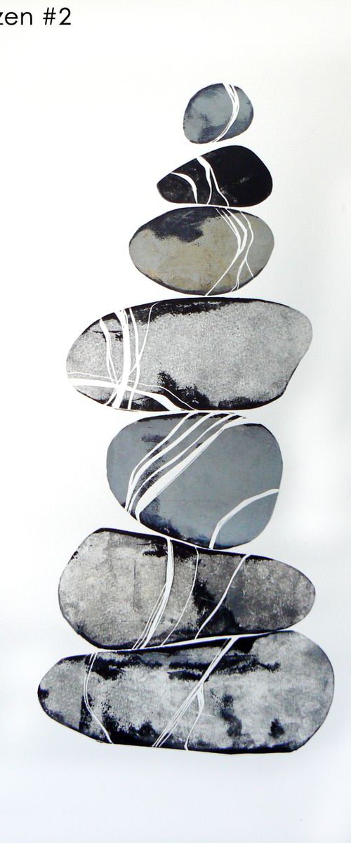 Zen stones (seven stones - banded balancing stones lino/monoprint) by Carolynne Coulson