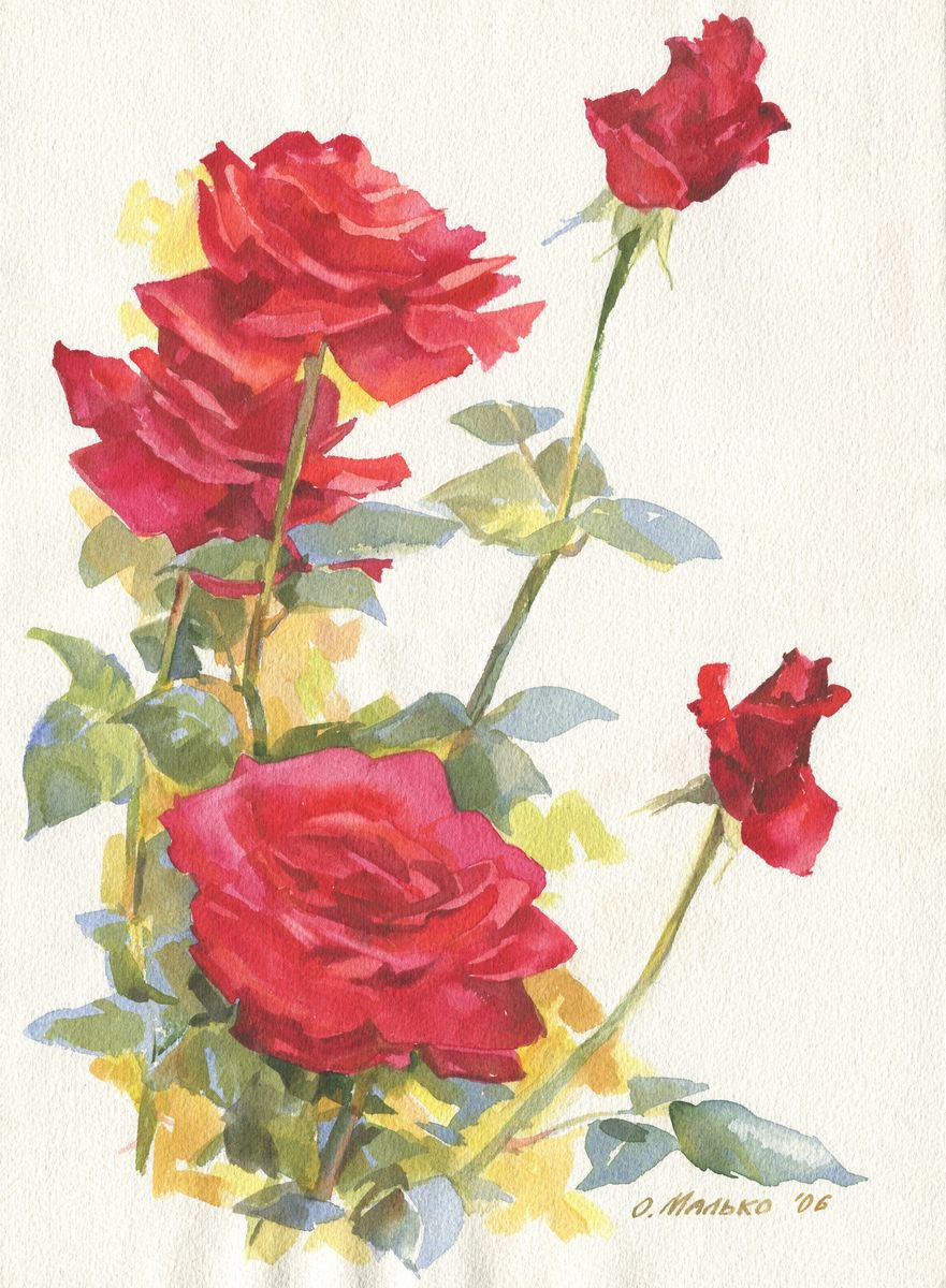 Photorealistic Botanical Watercolour By Olha Malko, 11 X 15", Red Roses, Original Artwork