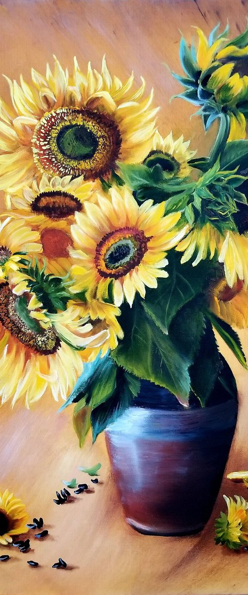 Sunflowers in a Pot. Oil Painting on Canvas. Christmas Gift. New Year Gift. Floral Painting for Living Room. Room Accent. Gift for Her. by Alexandra Tomorskaya/Caramel Art Gallery