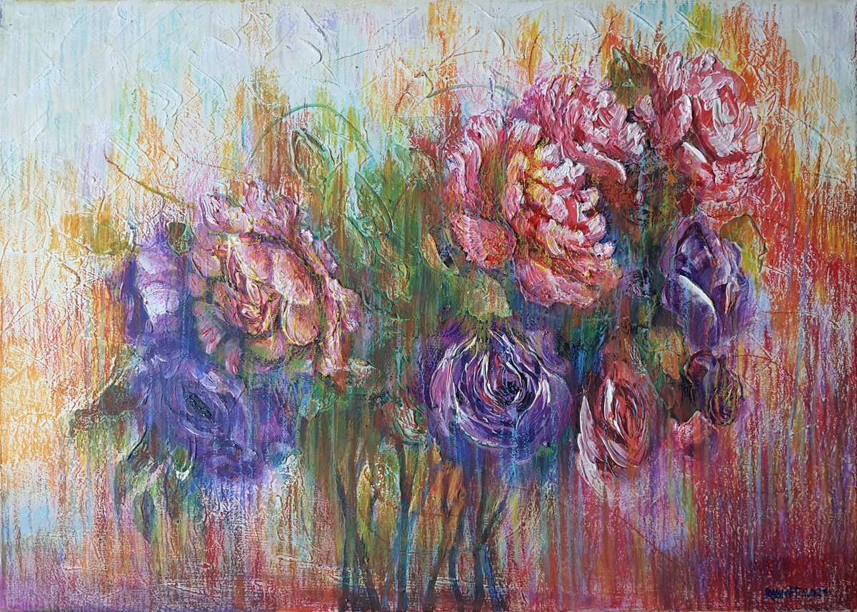 Impressionistic Botanical Acrylic Painting By Rakhmet Redzhepov, 28 X 20", Royal Roses, Original Artwork