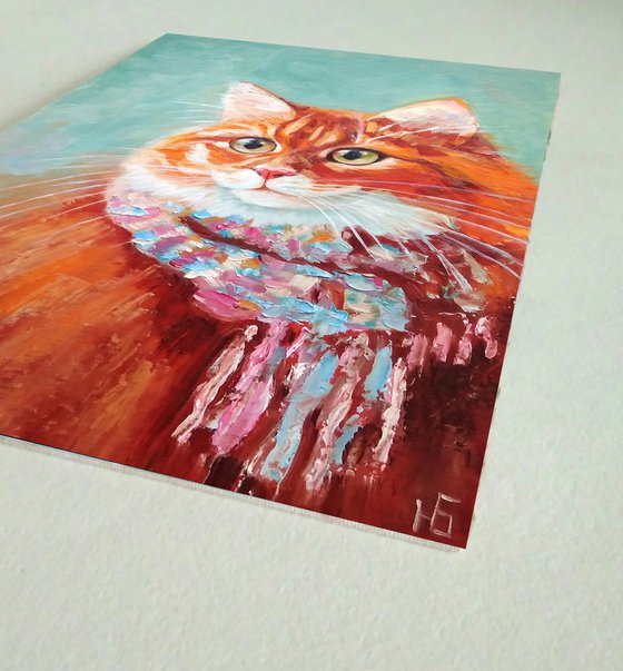 Ginger Cat Oil Painting Original Wall Art Red Cat Portrait