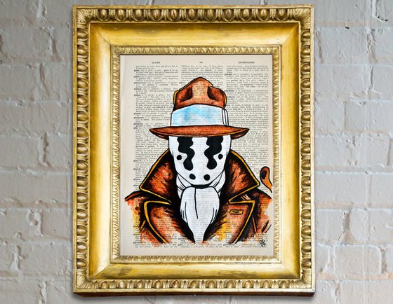Rorschach - Watchmen - Original Painting Collage Art On Large Real English Dictionary Vintage Book Page