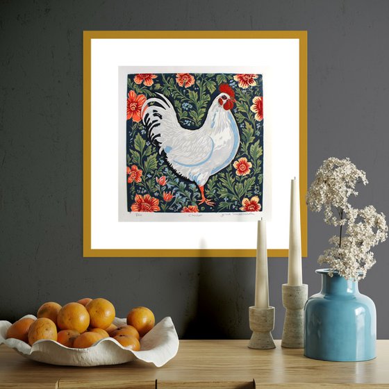 Hen – reduction linocut print