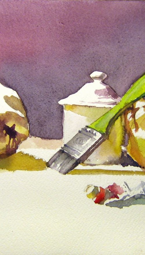 still life with quinces and brush by Goran Žigolić Watercolors