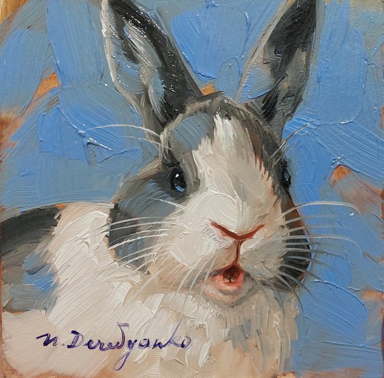 Cute bunny rabbit painting original oil framed 4x4, White gray Bunny pet art gift