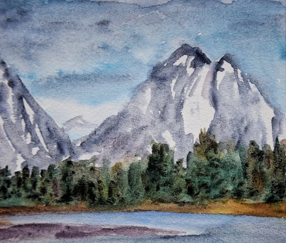 Mountains original painting, landscape watercolor painting, Christmas gift