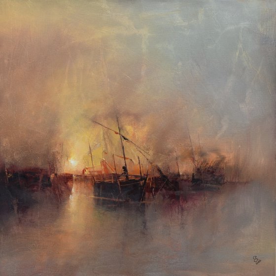 " Harbor of destroyed dreams - Hazy morning " W 70 x H 70 cm