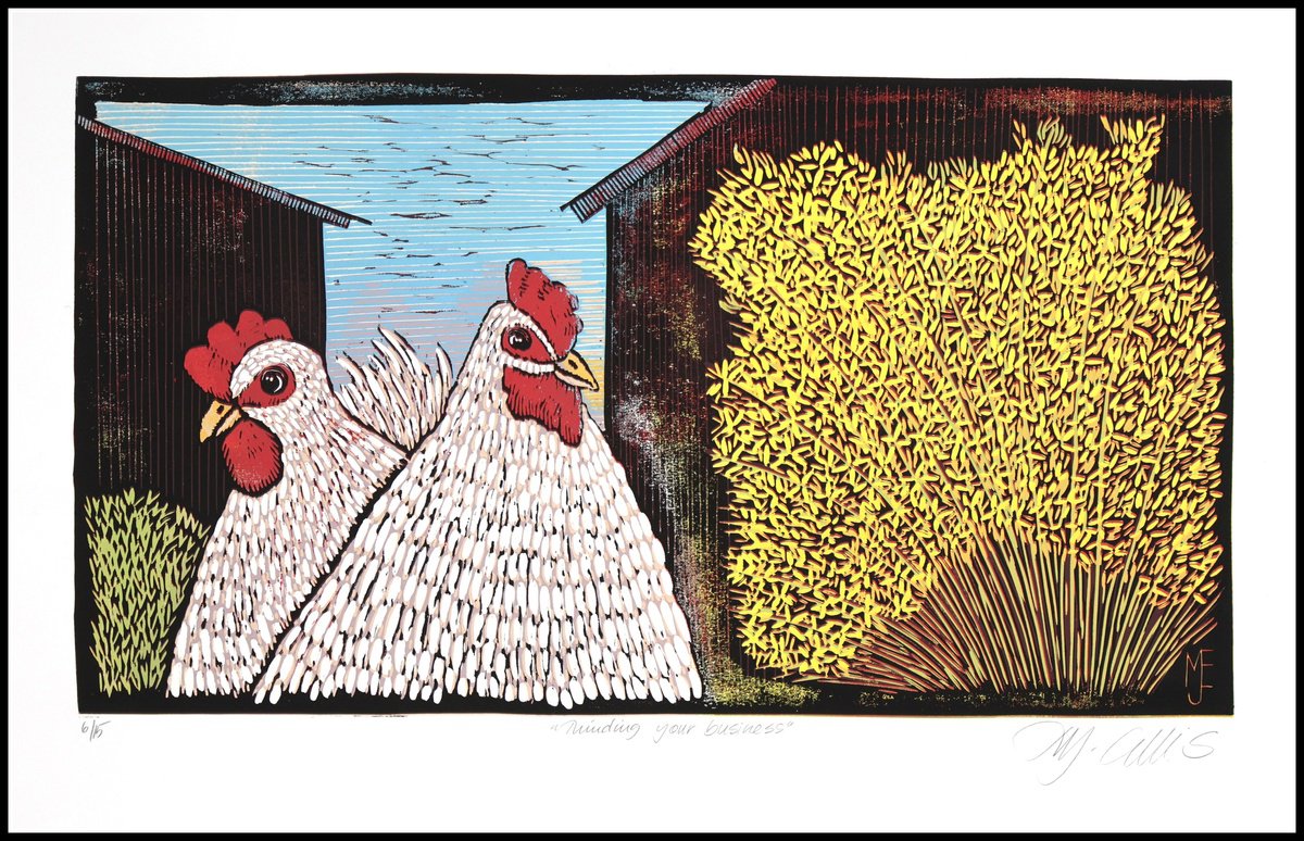 Illustrative Animal Linocut By Mariann Johansen-Ellis, 27 X 19", Minding Your Business, Original Artwork