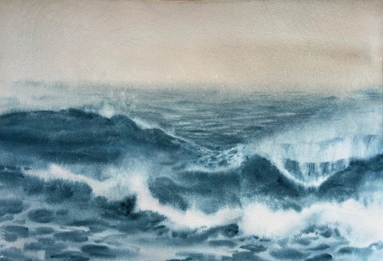 Restless Water, Watercolor wave painting.