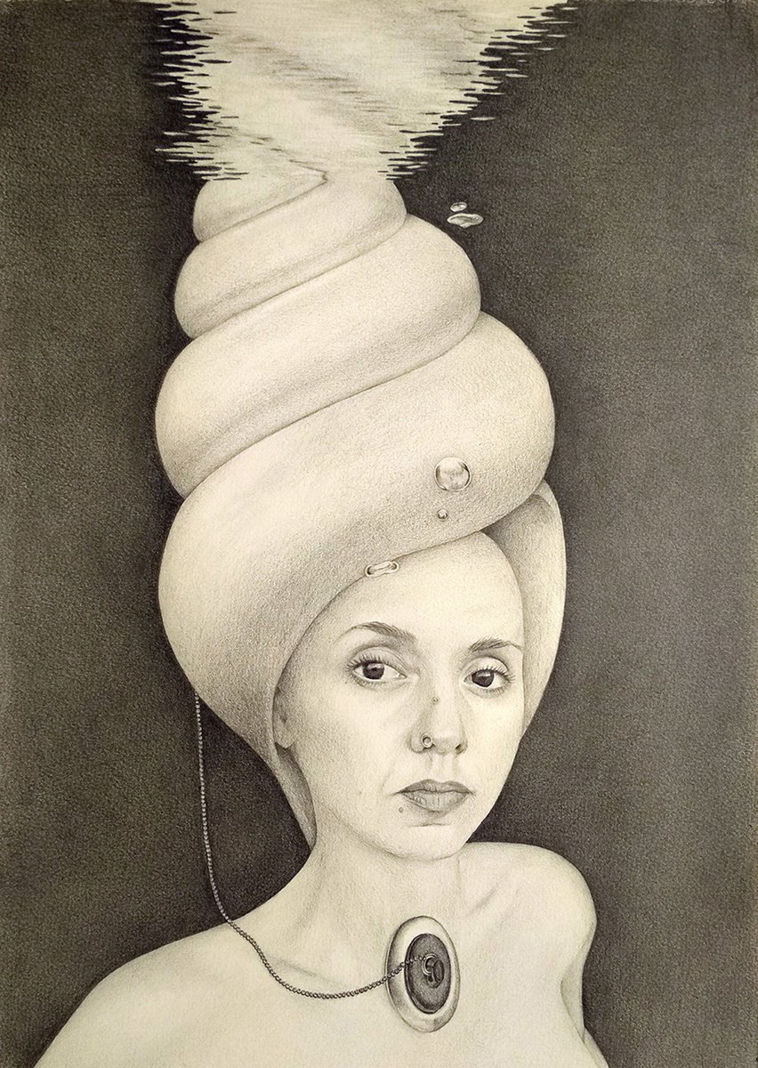 Surrealistic Portrait Pencil Drawing By Andromachi Giannopoulou, 19 X 24, Inshelled, Original Artwork
