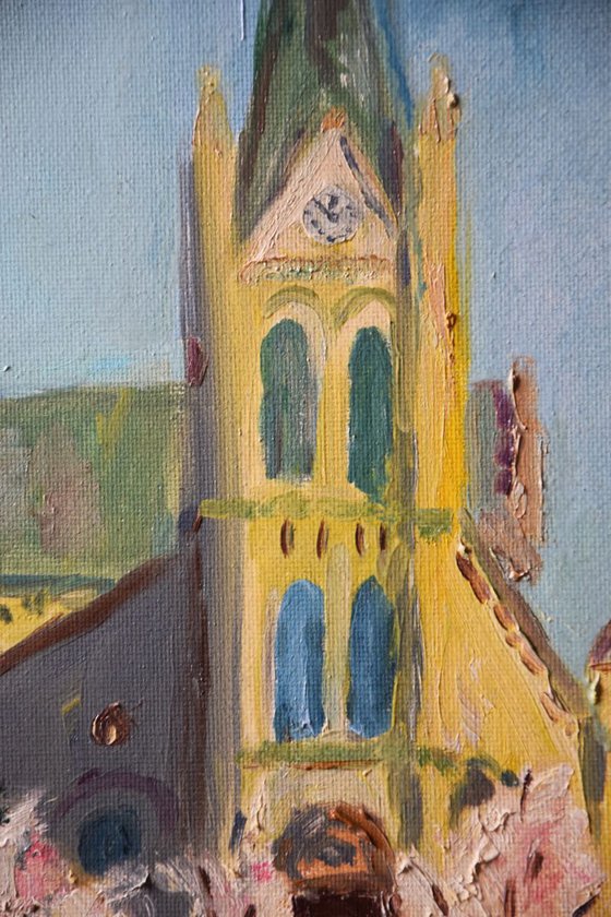 Oil painting Blossoming Church Blumental in Bratislava, Slovakia