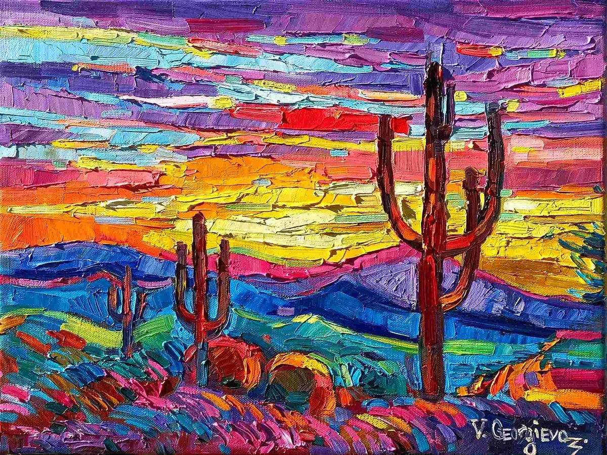 Expressive Landscape Oil Painting By Vanya Georgieva, 16 X 12", Arizona Sunset 4, Original Artwork