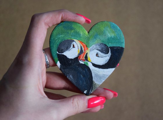 Puffins painting, heart magnet fridge, original acrylic painting, romantic gift