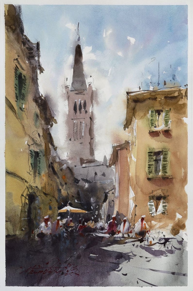 Impressionistic Cityscapes Watercolour By Marin Victor, 9 X 14", Verona, Watercolor On Paper., Original Artwork