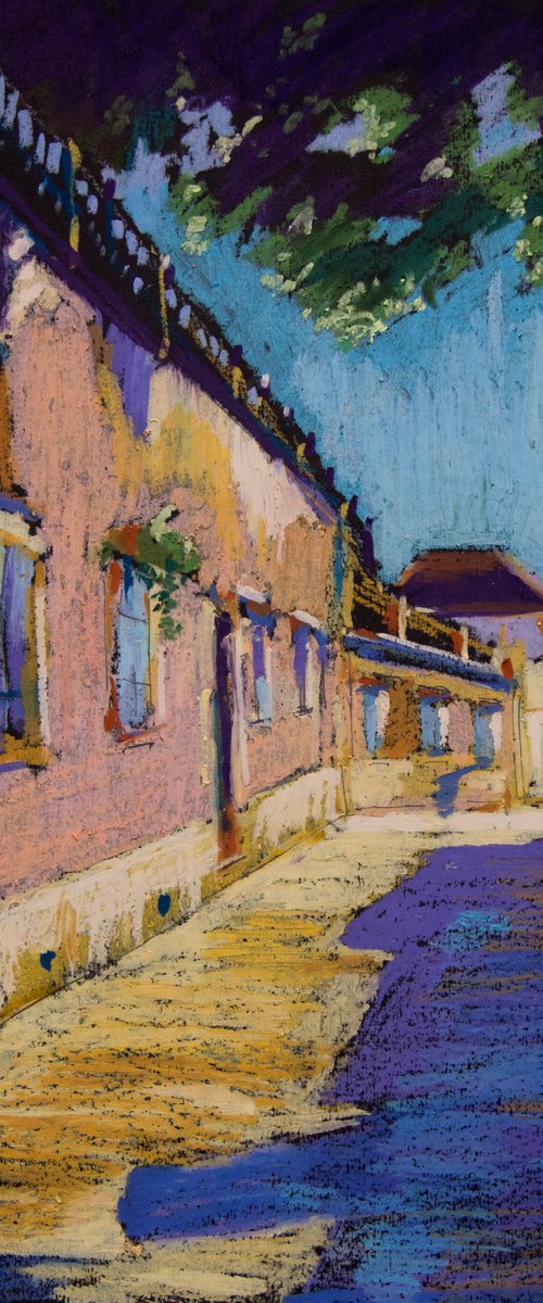 Sunny street in Faro, Portugal. Oil pastel painting. Small travel interior decor gift spain shadow original impression by Sasha Romm