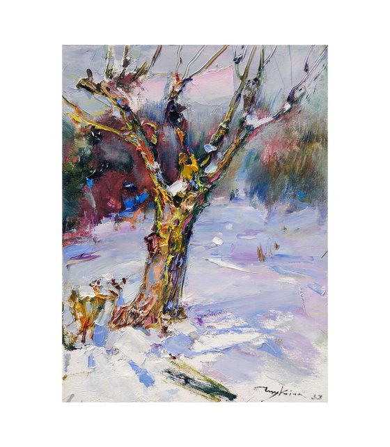 Winter landscape | Snow and Trees | Original oil painting