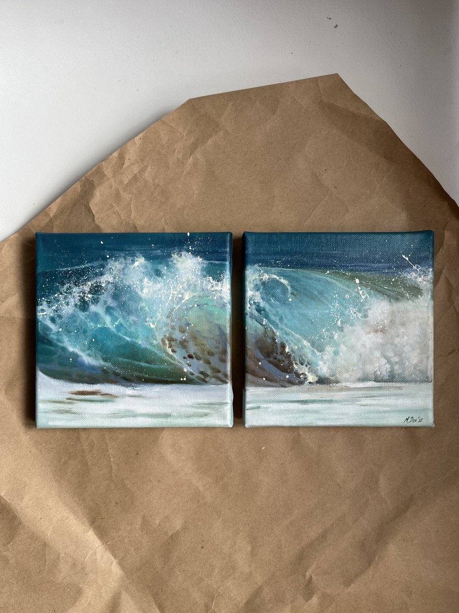 Photorealistic Landscape Oil Painting By Myroslava Denysyuk, 6 X 6", Diptych Sea Ocean Realistic Oil, Original Artwork