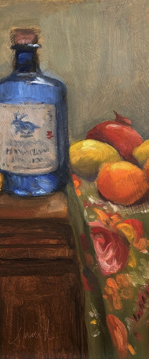 Blue Irish Gin Bottle with fruit Still Life. by Jackie Smith