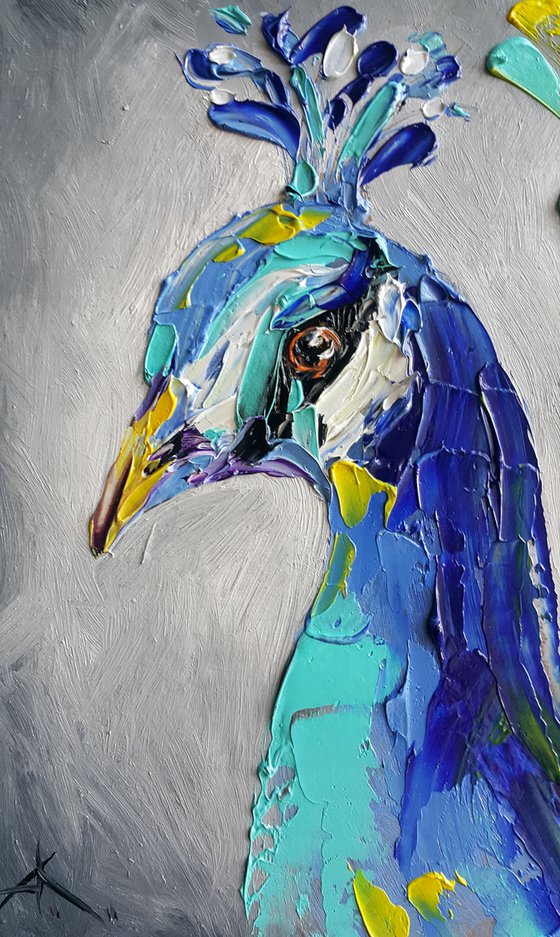 Peacock - bird, oil painting, colored bird, palette knife, art, gift,animal