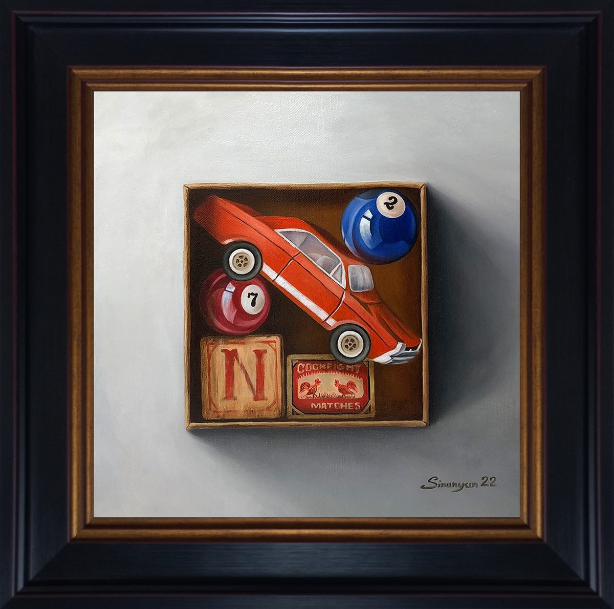 Still life - toys (25x25cm, oil on canvas, 35x35cm, framed) by Gevorg Sinanian