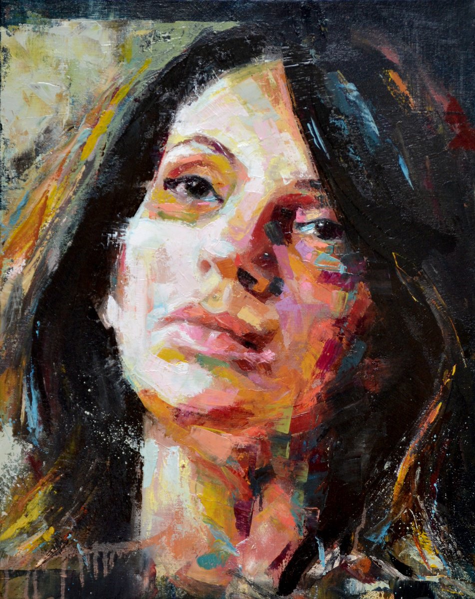 Expressive Portrait Oil Painting By Sal Jones, 17 X 21", Talk To Me, Original Artwork