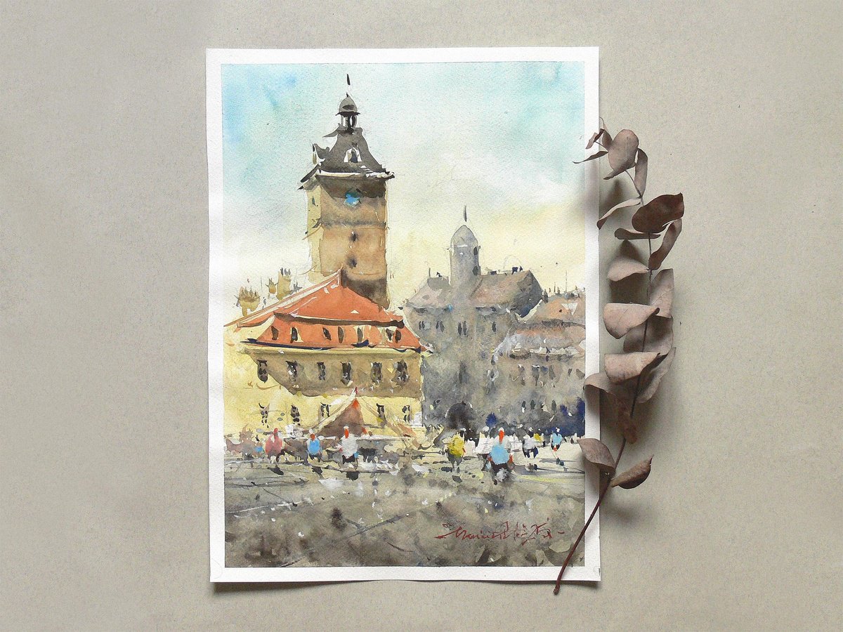 Impressionistic Cityscapes Watercolour By Marin Victor, 10 X 14", Transylvania Watercolor Art, Original Artwork