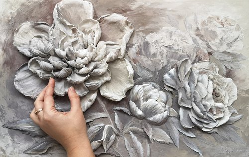 Peonies sculptural painting-neutral color relief landscape with silver light on a horizontal painting 60x40x4 cm by Irina Stepanova