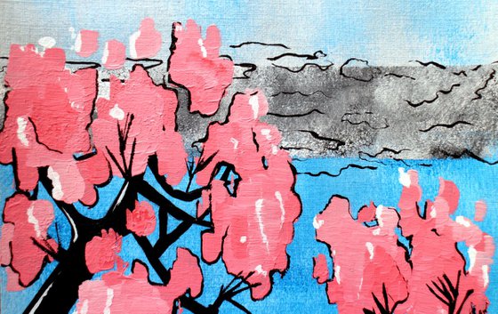 Mountain With Cherry Blossom Japanese Style Painting On Paper